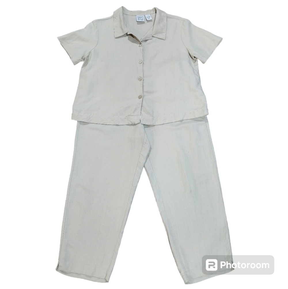 Field Gear Women's 2 pc Linen Blend Short Sleeve Blouse & Pants Size PM